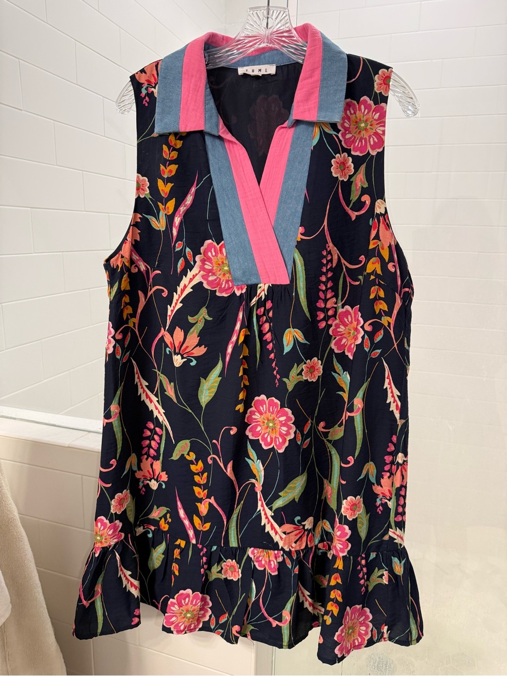 Ladies THML Navy Floral Sleeveless Dress with Pink Trim Size L